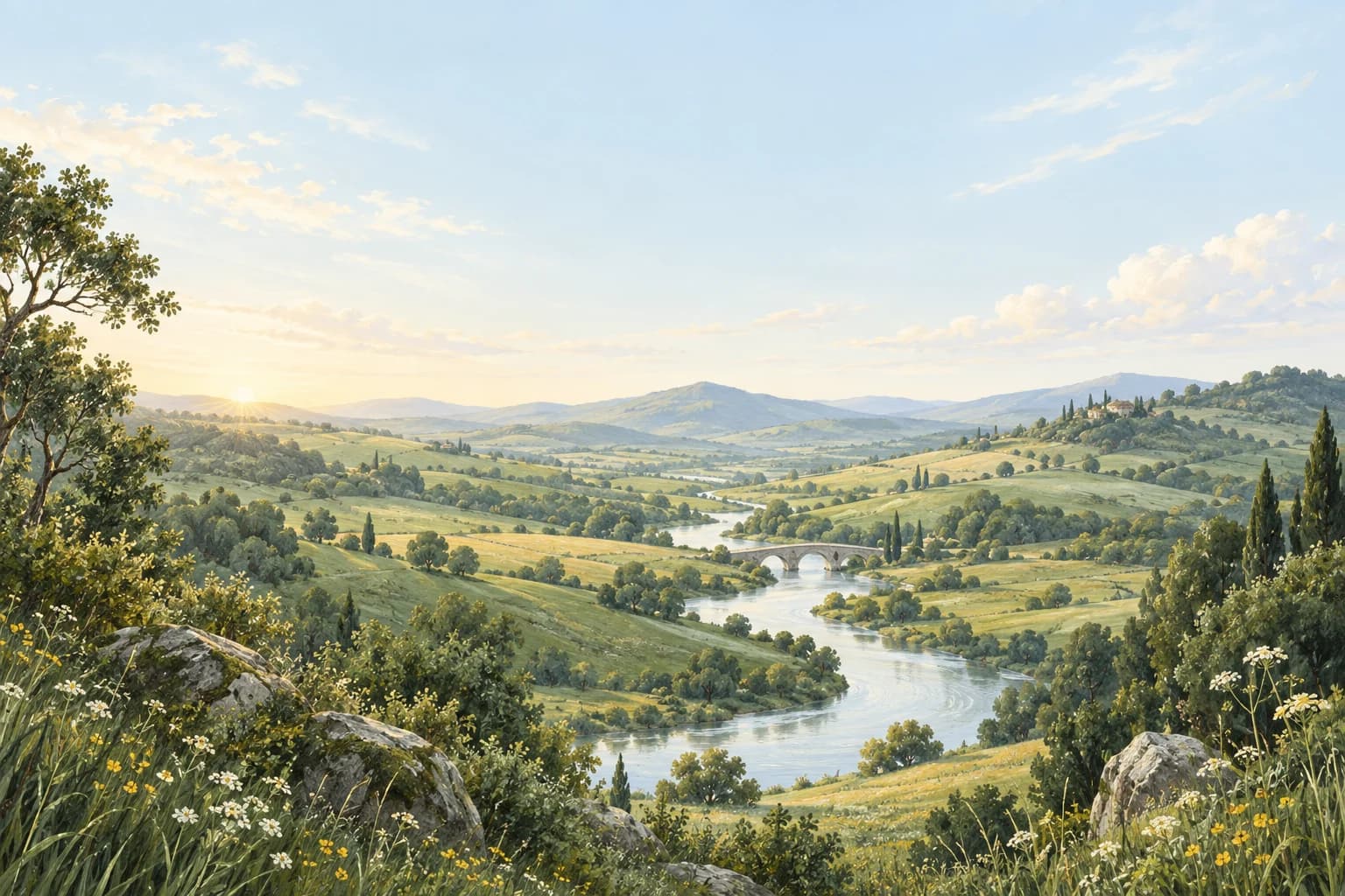 An illustrated green valley with a winding river and a bridge connecting its banks